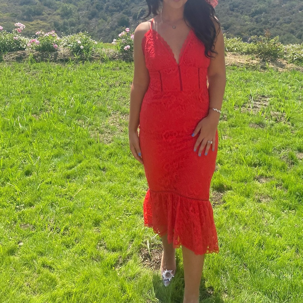 Lovers + Friends Red Lace Midi Cocktail Dress – V-Neck, Flounce Hem (Size S)
